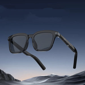 Black Technology Smart Bluetooth Glasses with translucent gray lenses and touch control for music, phone calls, and remote photography