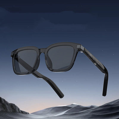 Black Technology Smart Bluetooth Glasses with translucent gray lenses and touch control for music, phone calls, and remote photography
