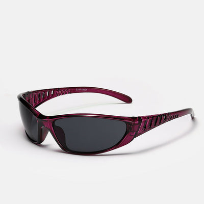 Colorful hollow futuristic tech sunglasses with black oval lenses and translucent red frame