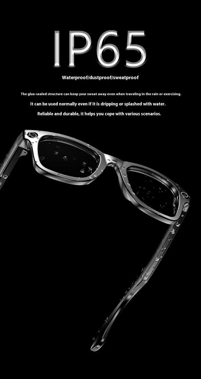 Black Ai Three-generation smart Bluetooth sunglasses showcasing IP65 waterproof, dustproof, and sweatproof features.
