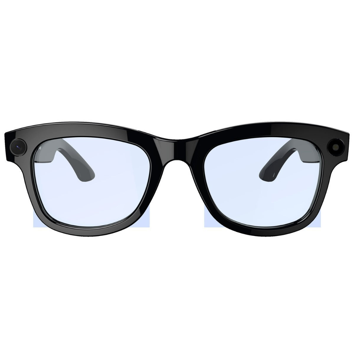 Black AI translation video glasses with M01 HD camera and transparent lenses, head-mounted design.