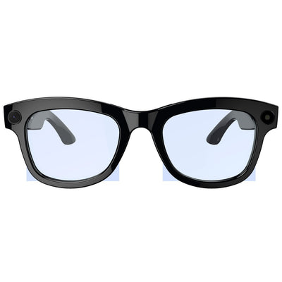 Black AI translation video glasses with M01 HD camera and transparent lenses, head-mounted design.