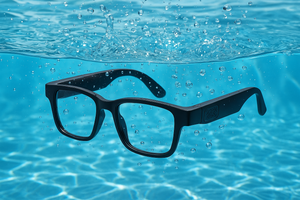 Black waterproof smart Bluetooth glasses submerged in clear blue water with visible water bubbles.
